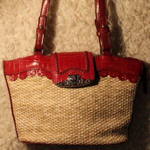 MC Marc Chantal Straw & Red Leather Tote Shoulder Bag SilverTone Heart Hardware